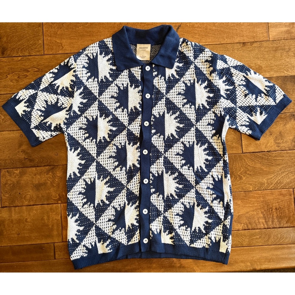Massive Luxury Men Sweater Blue Crochet Knit Polo Shirt Button Sz L NWOT